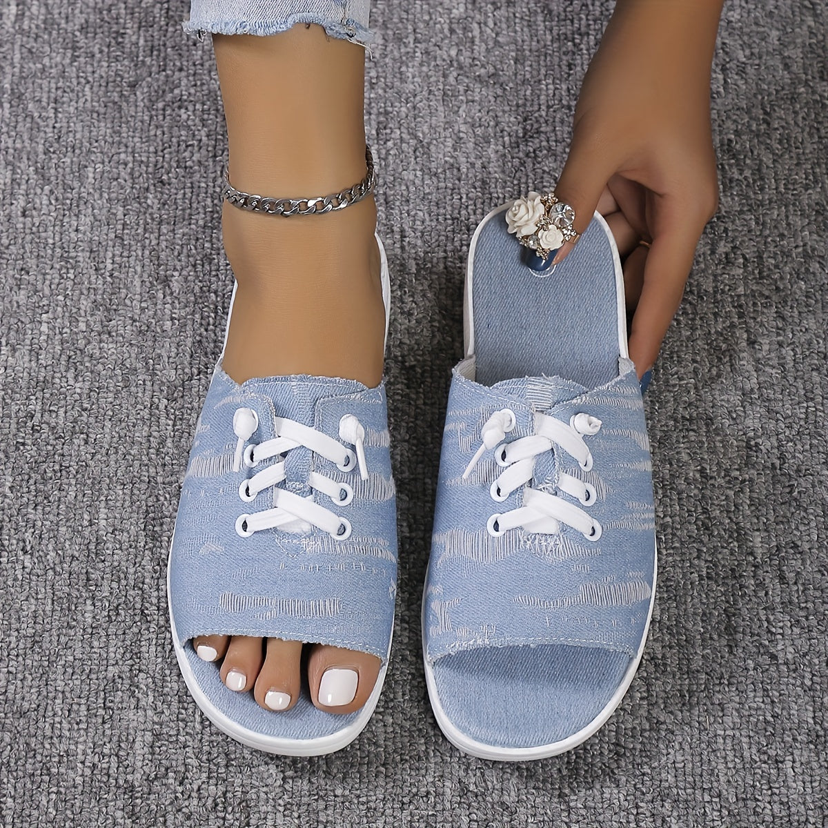 Women's Open Toe Lace Up Flat Slides Thick Sole Non Slip Flatform Shoes