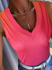 Gradient Ribbed Tank Top V Neck Sleeveless Summer Top