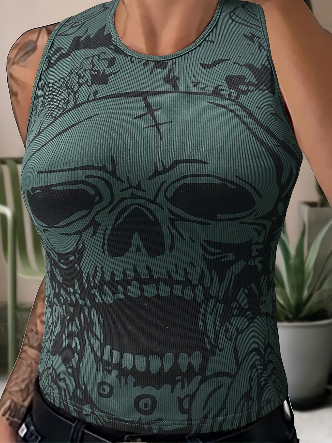 Gothic Tank Top Women's Plus Skull Print Round Neck Slim Fit Tank Top