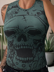 Gothic Tank Top Women's Plus Skull Print Round Neck Slim Fit Tank Top
