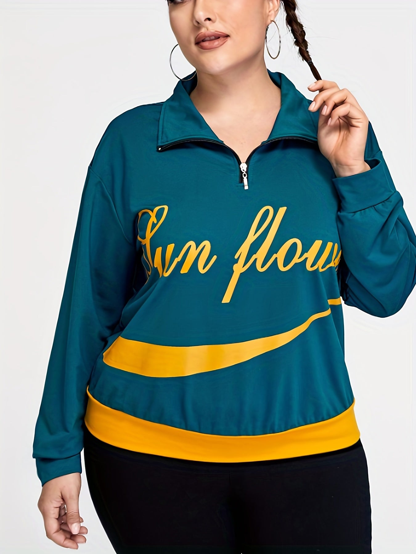 Women's Plus Size Retro Sports Top - Letter Print Long Sleeve Zipper Collar Top