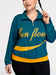 Women's Plus Size Retro Sports Top - Letter Print Long Sleeve Zipper Collar Top