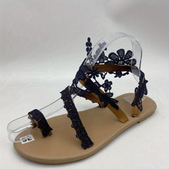 Women's Floral Lace Flat Sandals Boho Style Toe Loop Slip On Shoes