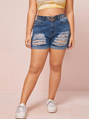 Ripped High Rise Button Denim Shorts