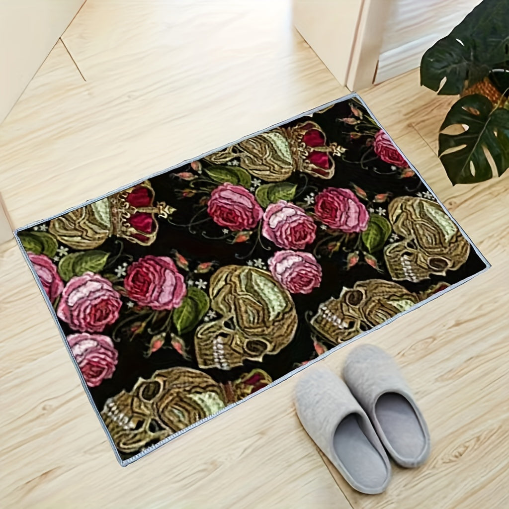 Dark Embroidery Skeleton Pattern Rug Halloween Decor