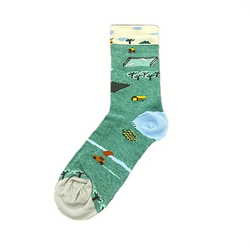 4 Pairs Painting Print Socks Women's Mid Tube Stockings