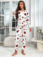 Heart Print Pajama Set Long Sleeve Crew Neck Top & Elastic Waistband Pants