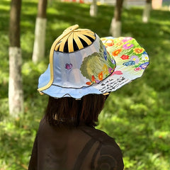 Vintage Flower Print Foldable Sun Hat with Bamboo Fan