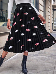 Feather Print Pleated Skirt Elastic Waist for Spring & Summer