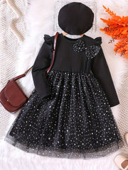 Youth Girl Starry Sky Spliced Mesh Long Sleeve Bowknot Party Dress Set