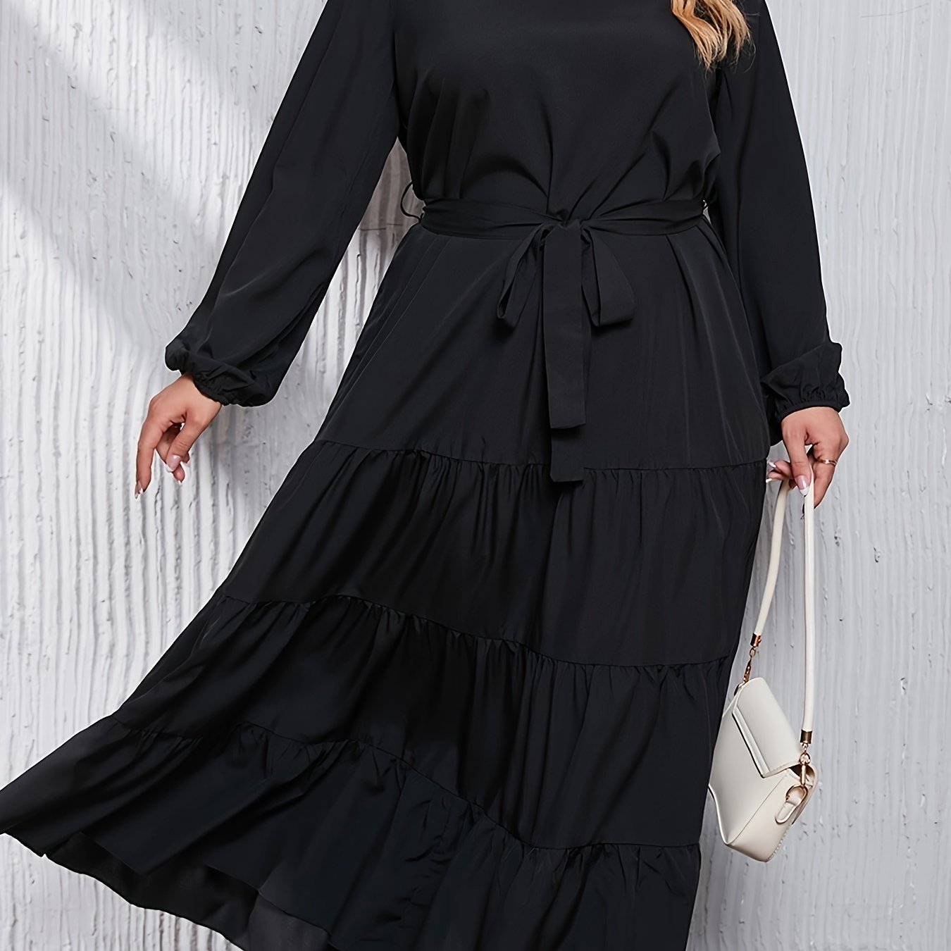 Abaya Dress Women's Plus Solid Lantern Sleeve Round Neck Smock Maxi
