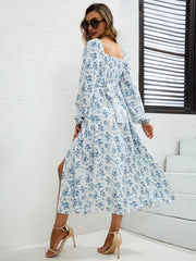 Floral Print Tie Back Dress Square Neck Long Sleeve Split Dress