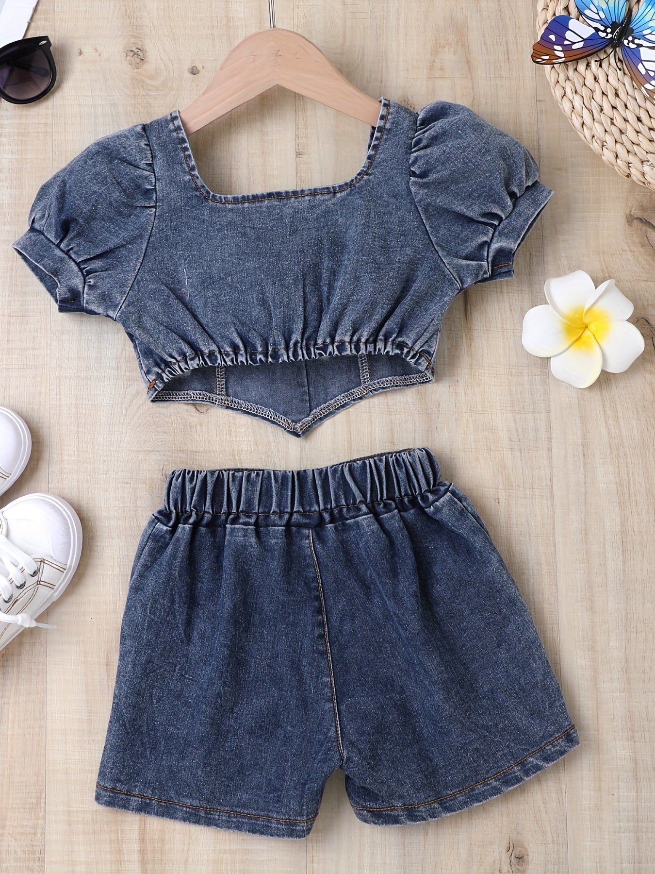 Y2K Denim Cropped Top & Shorts Set for Girls
