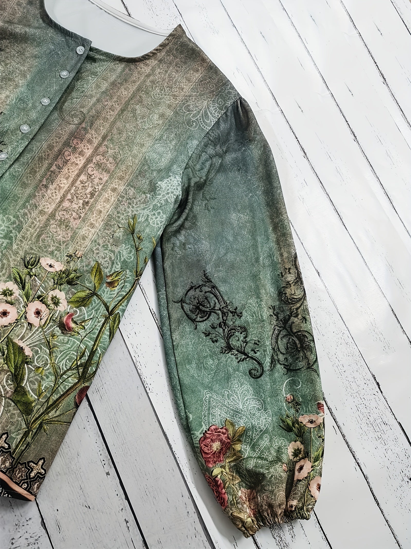 Floral Print Button Up Lantern Sleeve Blouse