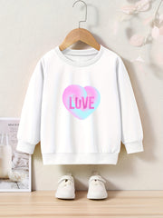Girls Love Heart Print Crew Neck Sweatshirt for Fall Winter