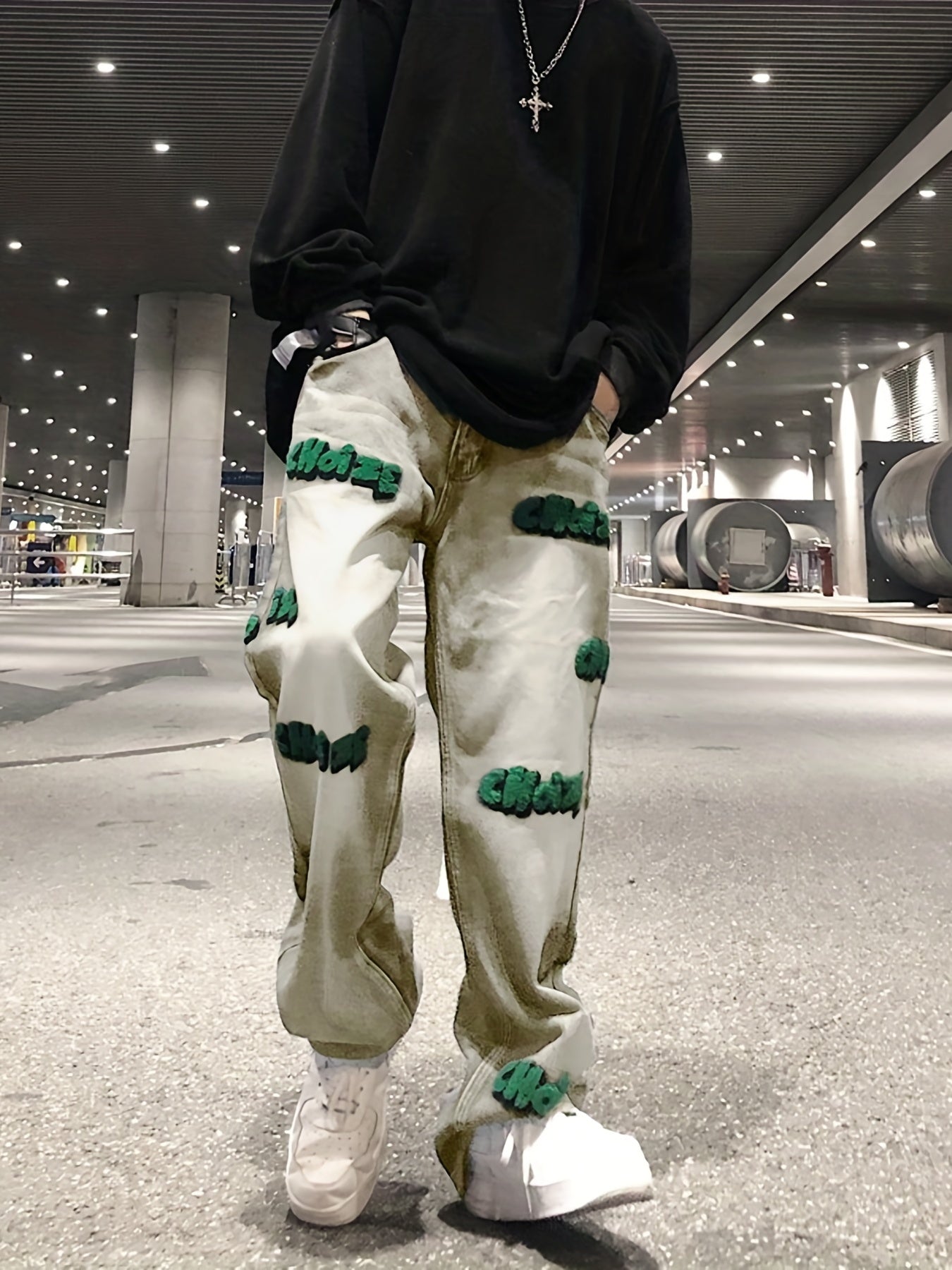 Embroidered Jeans Loose Fit Towel Embroidery Men's Denim Pants