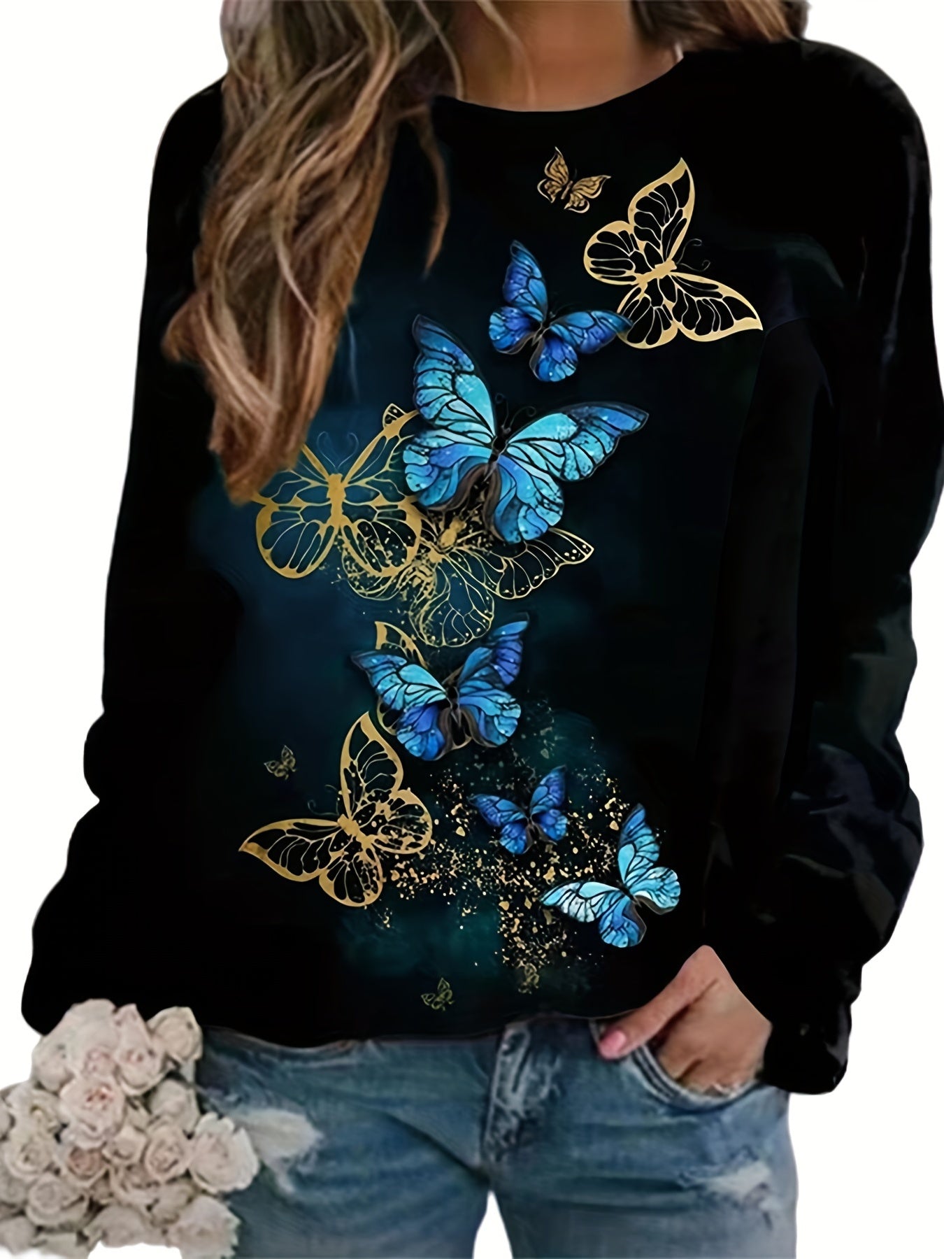 Butterfly Print Crew Neck Sweatshirt for Women