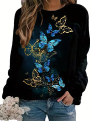 Butterfly Print Crew Neck Sweatshirt for Women