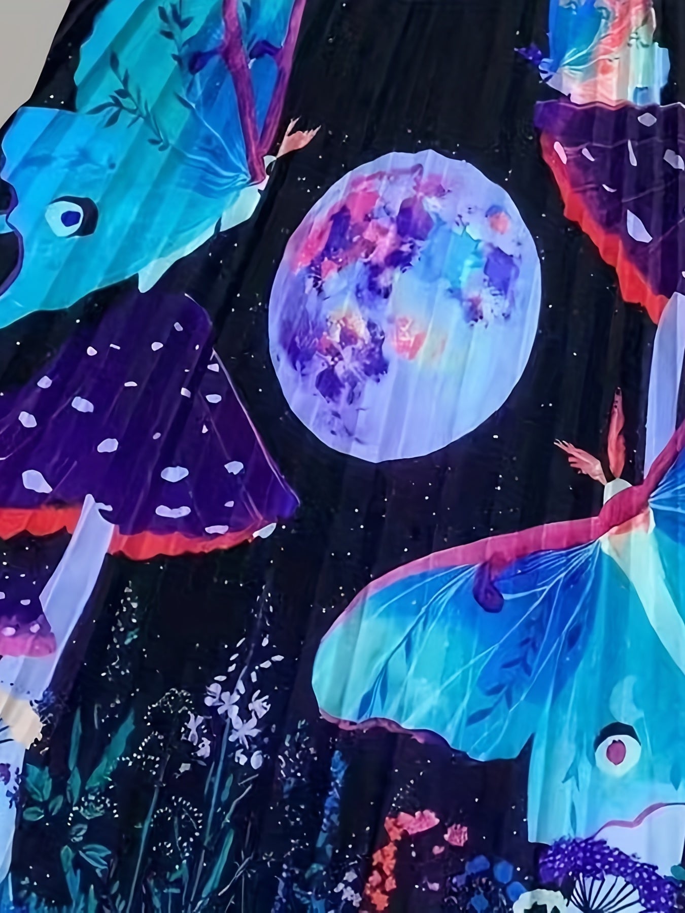 Mushroom & Butterfly Print Pleated Skirt for Spring & Summer
