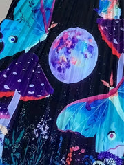 Mushroom & Butterfly Print Pleated Skirt for Spring & Summer