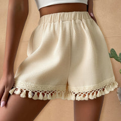 Solid Color Waffle Tassel Shorts Elastic Waist