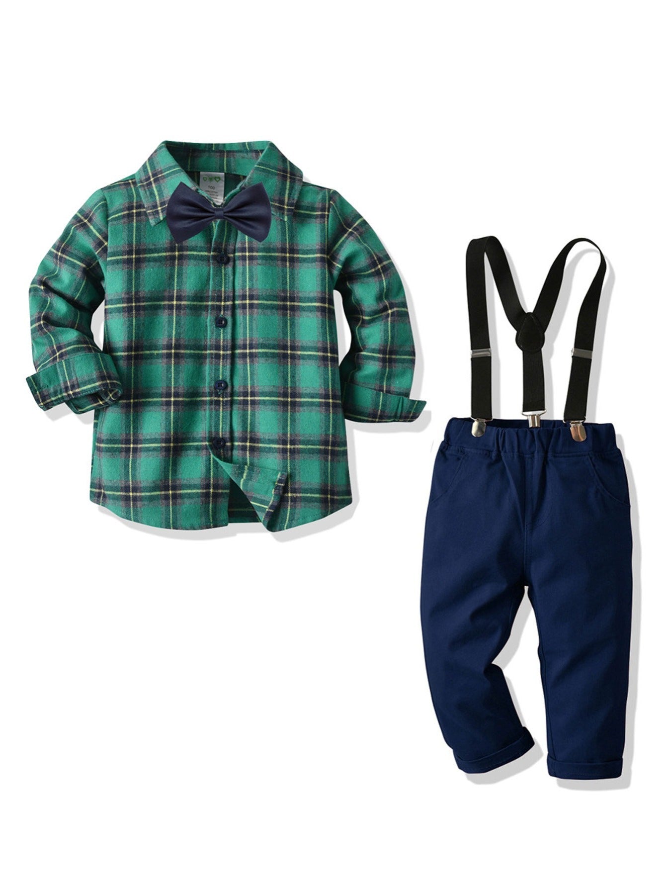 Boys Plaid Shirt with Bow & Suspender Trousers Set