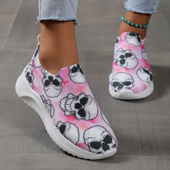 Women's Skull Pattern Sneaker Low Round Toe Non Slip Halloween Shoes