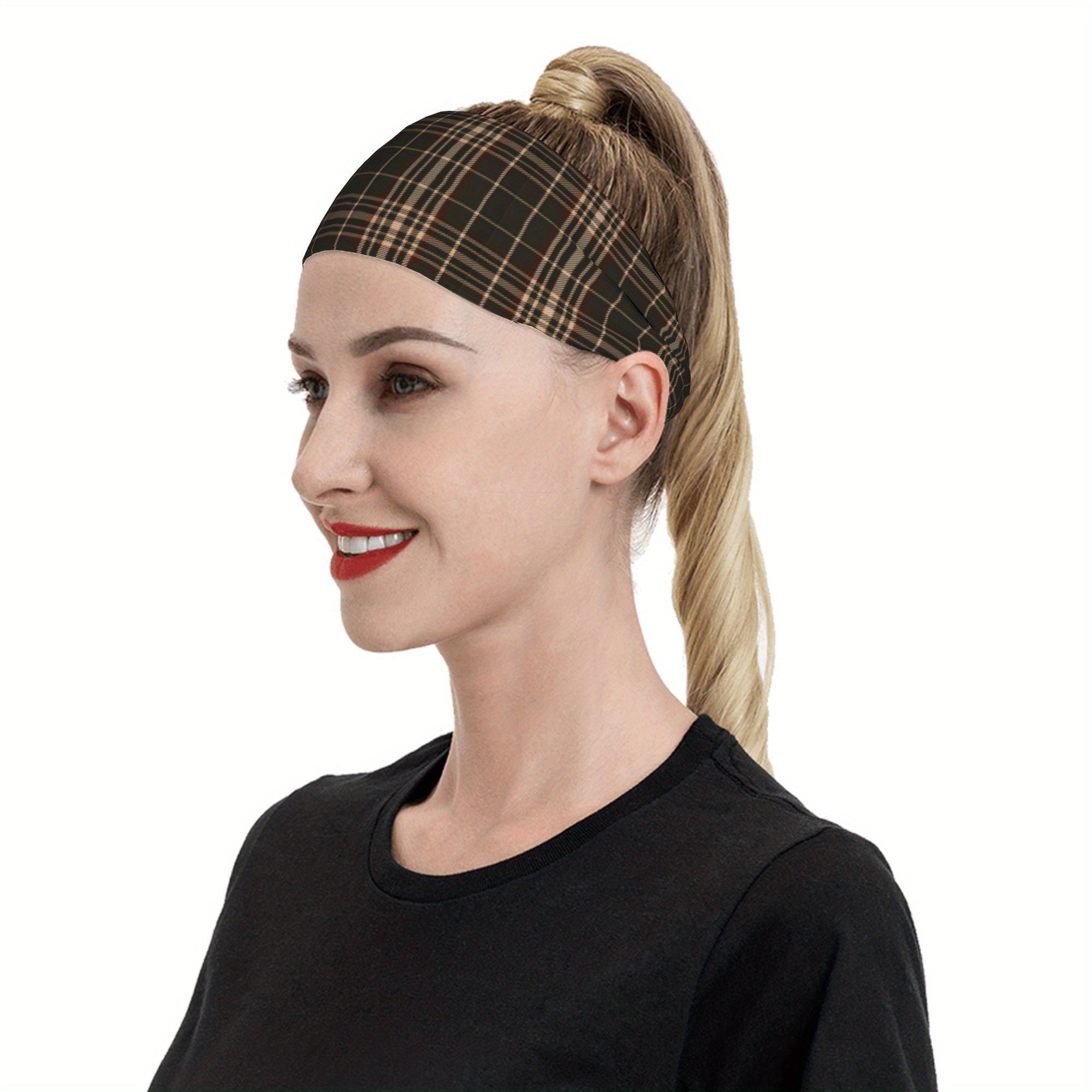 Vintage Plaid Headband Brown Checkered Pattern Elastic Secure Fit