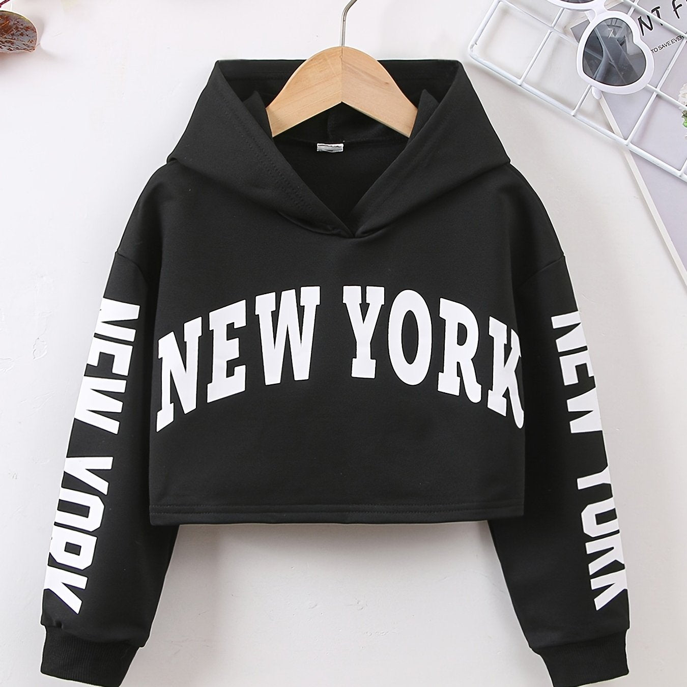 Girls Crop Hoodie Letter Print Pullover Sweatshirt Kids Clothes