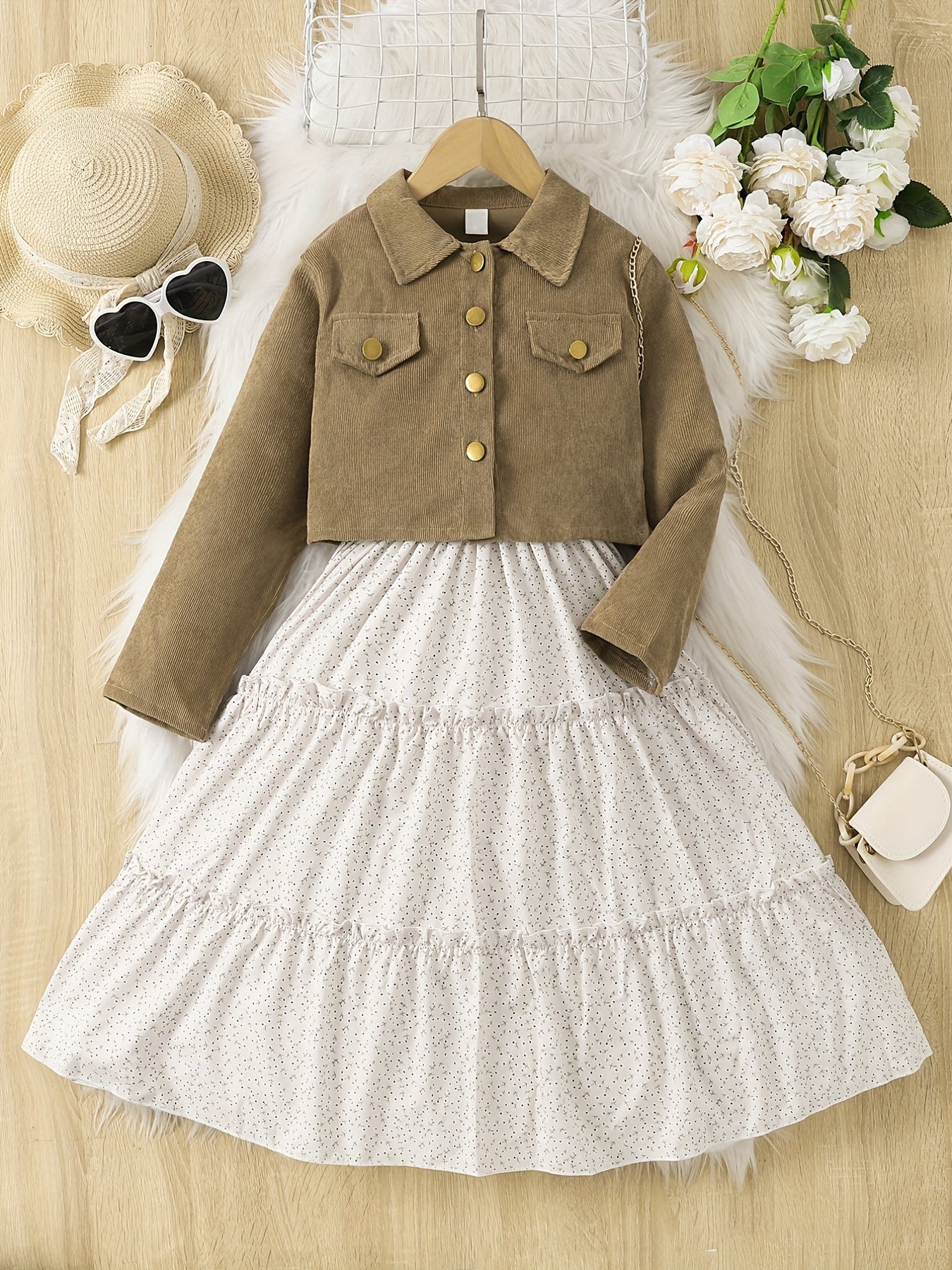Girls Camisole Dress & Coat Set Polka Dot Corduroy Long Sleeve