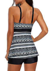 Geometric Print Tankini Set Casual Style Round Neck Two Piece Swimsuit