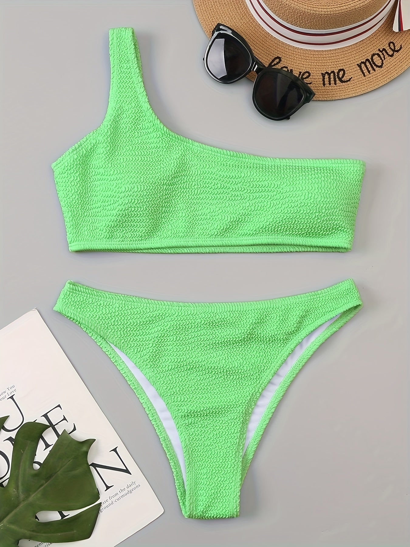 Green Embossed Striped Print Bikini Set One Shoulder High Cut 2 Pieces Swimsuit