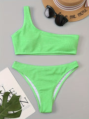Green Embossed Striped Print Bikini Set One Shoulder High Cut 2 Pieces Swimsuit