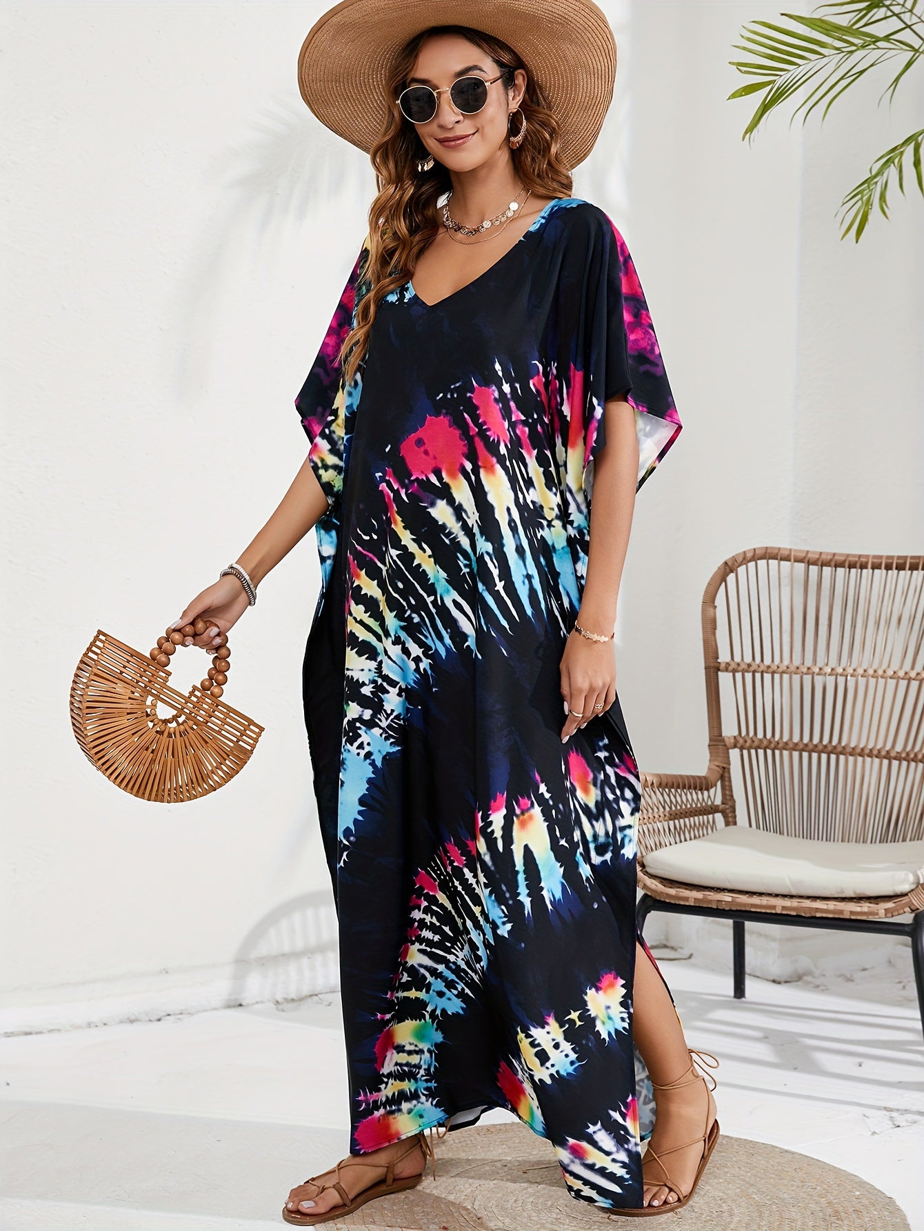 Tie Dye Batwing Sleeve V Neck Maxi Split Cover Up Dress