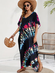 Tie Dye Batwing Sleeve V Neck Maxi Split Cover Up Dress