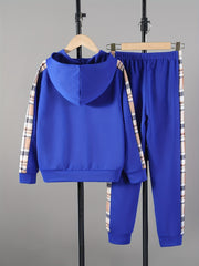 Boy's Stylish Hooded Jacket & Pants Set Zip Up Plaid Patched Outfits
