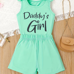 2pcs Girls Casual DADDY'S GIRL Letter Graphic Print Bow Shoulder Sleeveless Set
