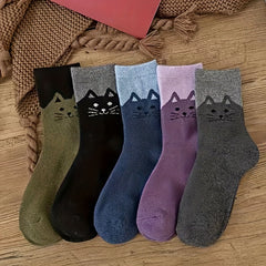 5 Pairs Animal Cat Pattern Winter Cozy Crew Socks