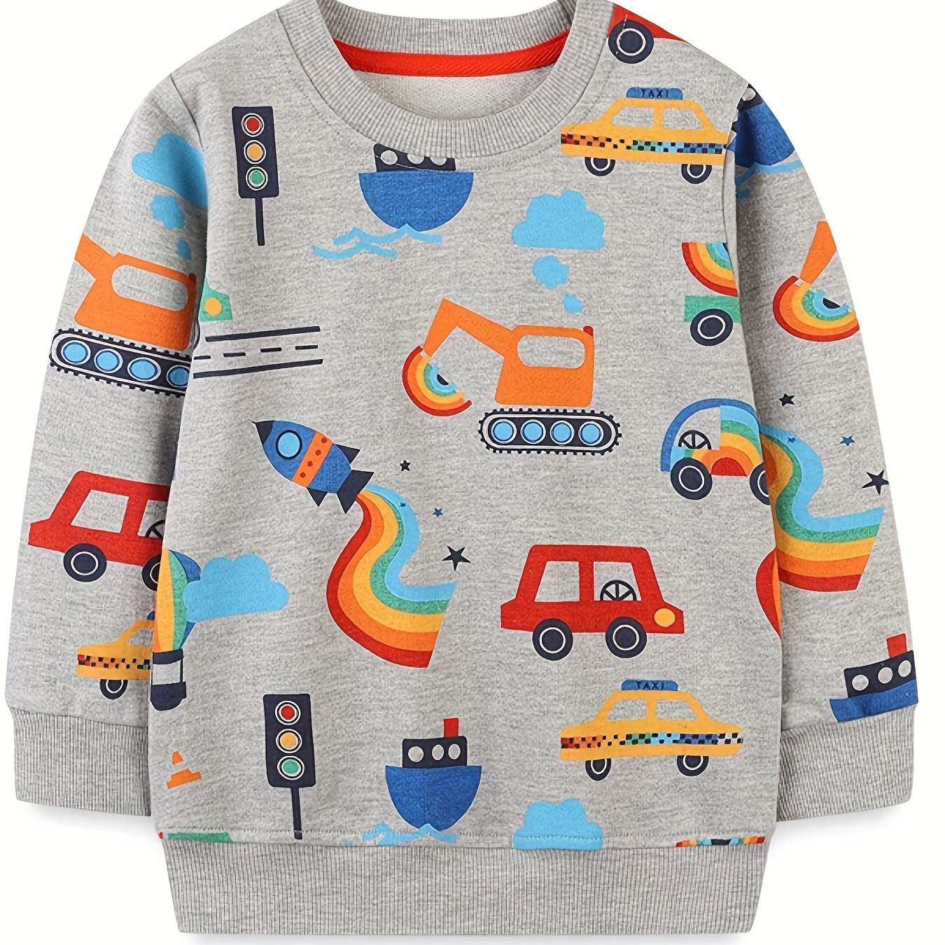 Boys' Cartoon Vehicles Print Hoodie Long Sleeve Top Pullover