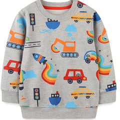 Boys' Cartoon Vehicles Print Hoodie Long Sleeve Top Pullover