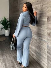 Solid Lapel Collar Crop Blazer & Wide Leg Pants Suit Set