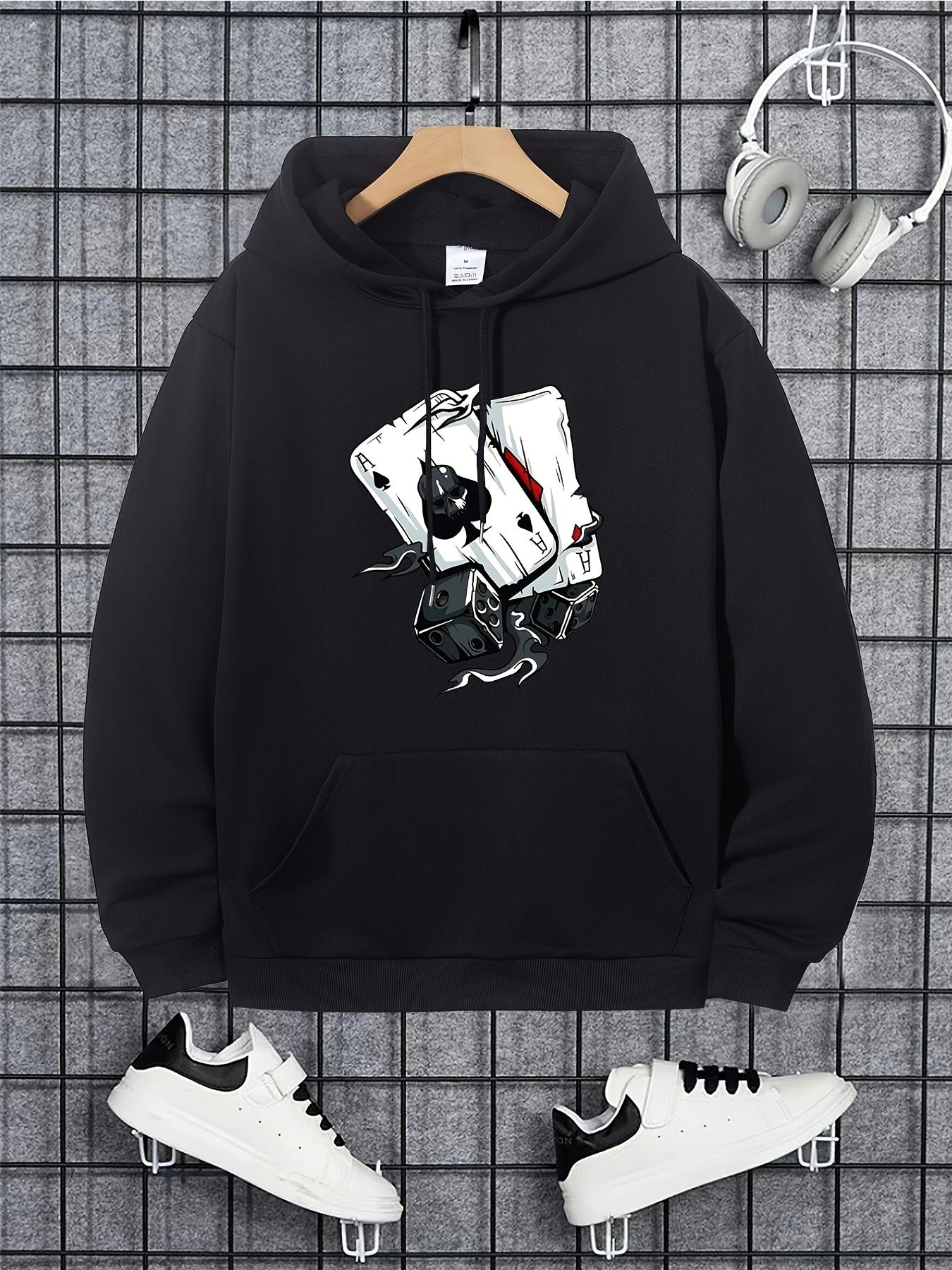 Poker Print Hoodie Men Kangaroo Pocket Loose Pullover Mens Clothing