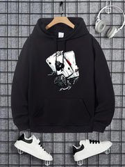 Poker Print Hoodie Men Kangaroo Pocket Loose Pullover Mens Clothing