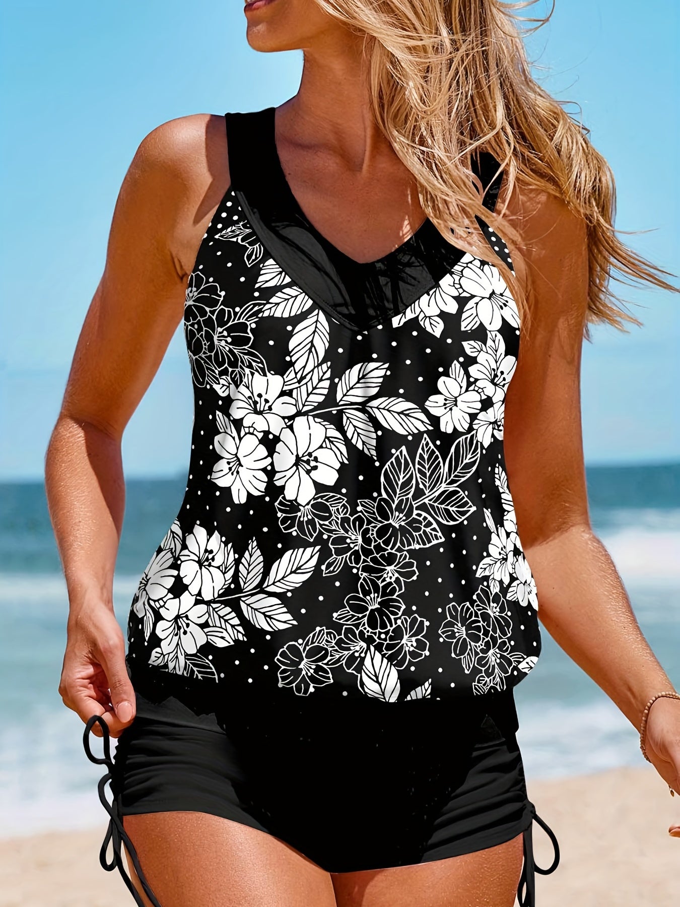 Floral & Polka Dot Plus Size Tankini Set V Neck Top & Lace Up Shorts