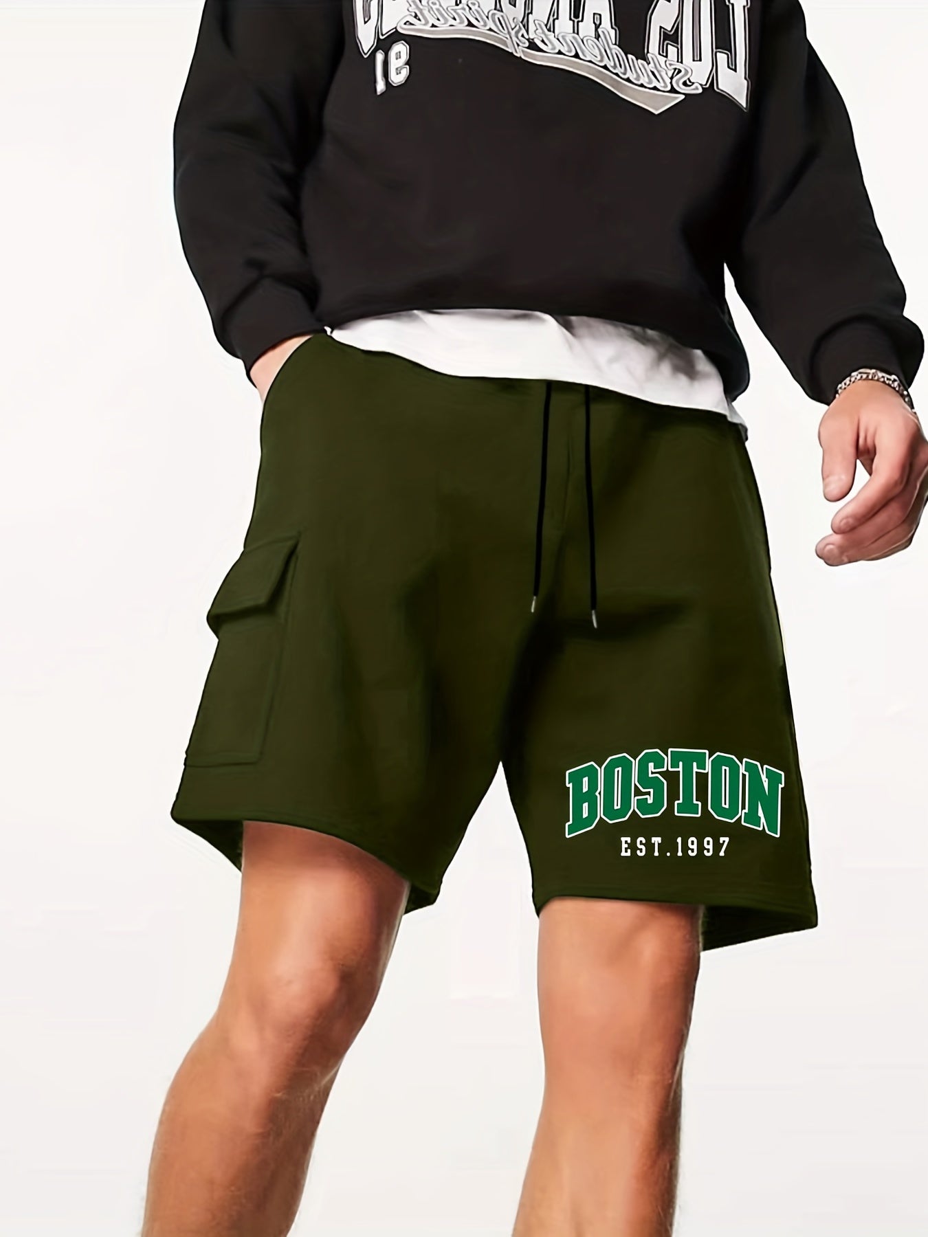 Boston Letter Print Men's Cargo Shorts Lightweight Drawstring Work Pants