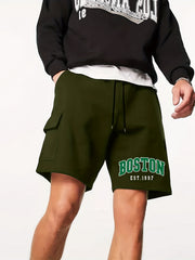 Boston Letter Print Men's Cargo Shorts Lightweight Drawstring Work Pants