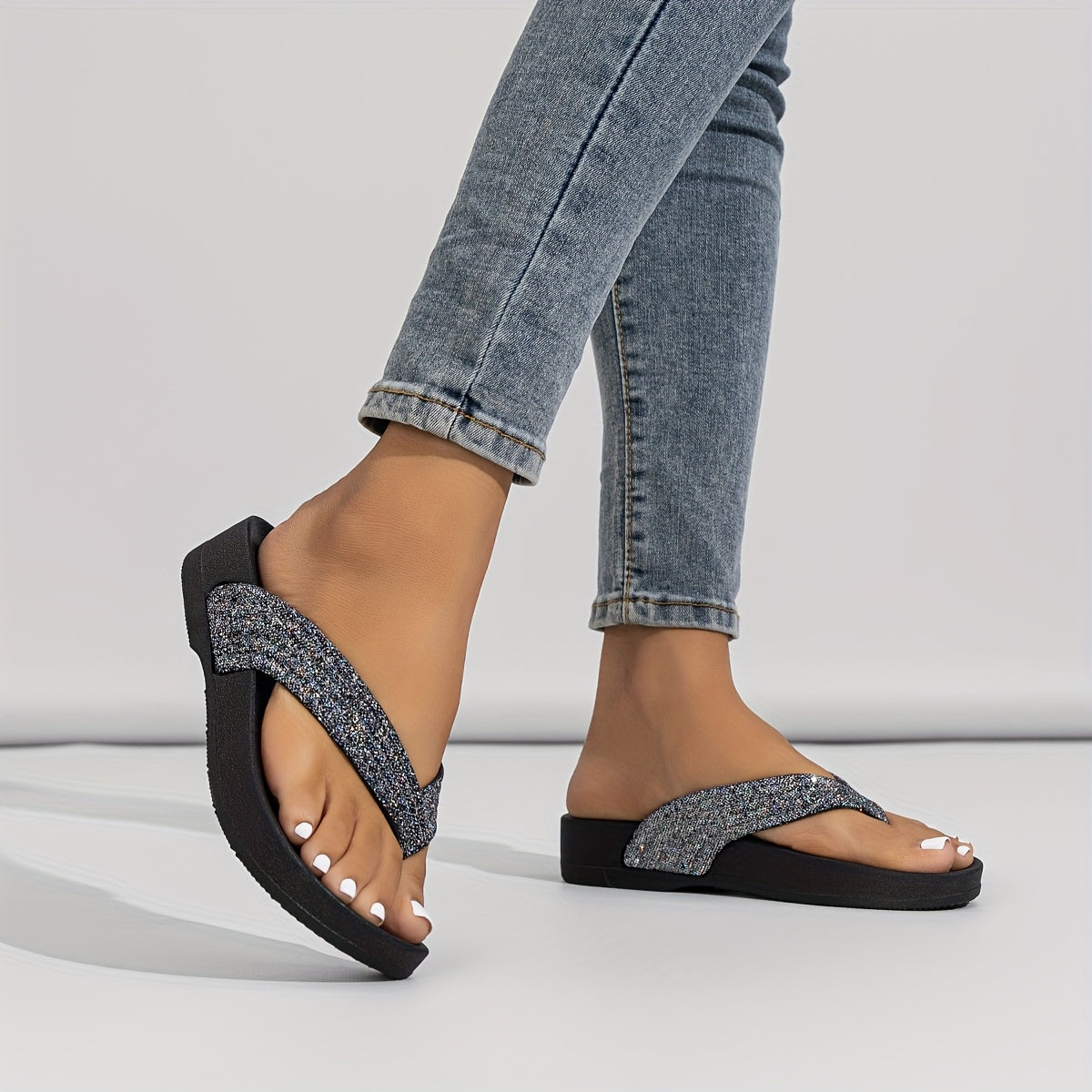 Women's Rhinestone Flip Flops Open Toe Wedge Sandals