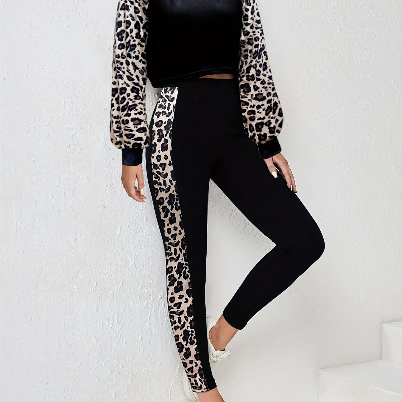 Leopard 2pc Set Long Sleeve T-shirt & Leggings Outfit Women's Clothing