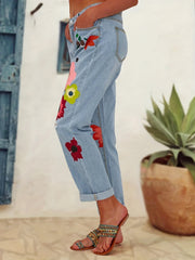 Floral Pattern Straight Jeans Non Stretch Denim Pants
