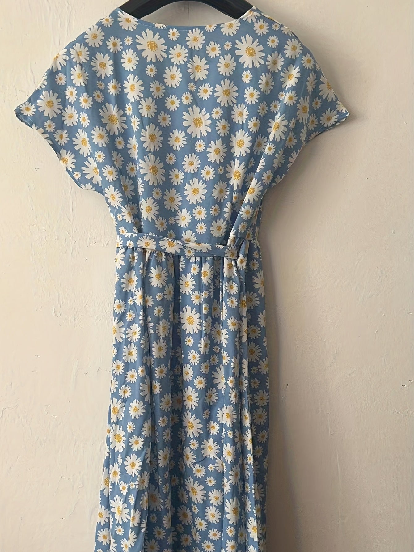 Floral Wrap Belted Dress V Neck Short Sleeve Women's Clothing